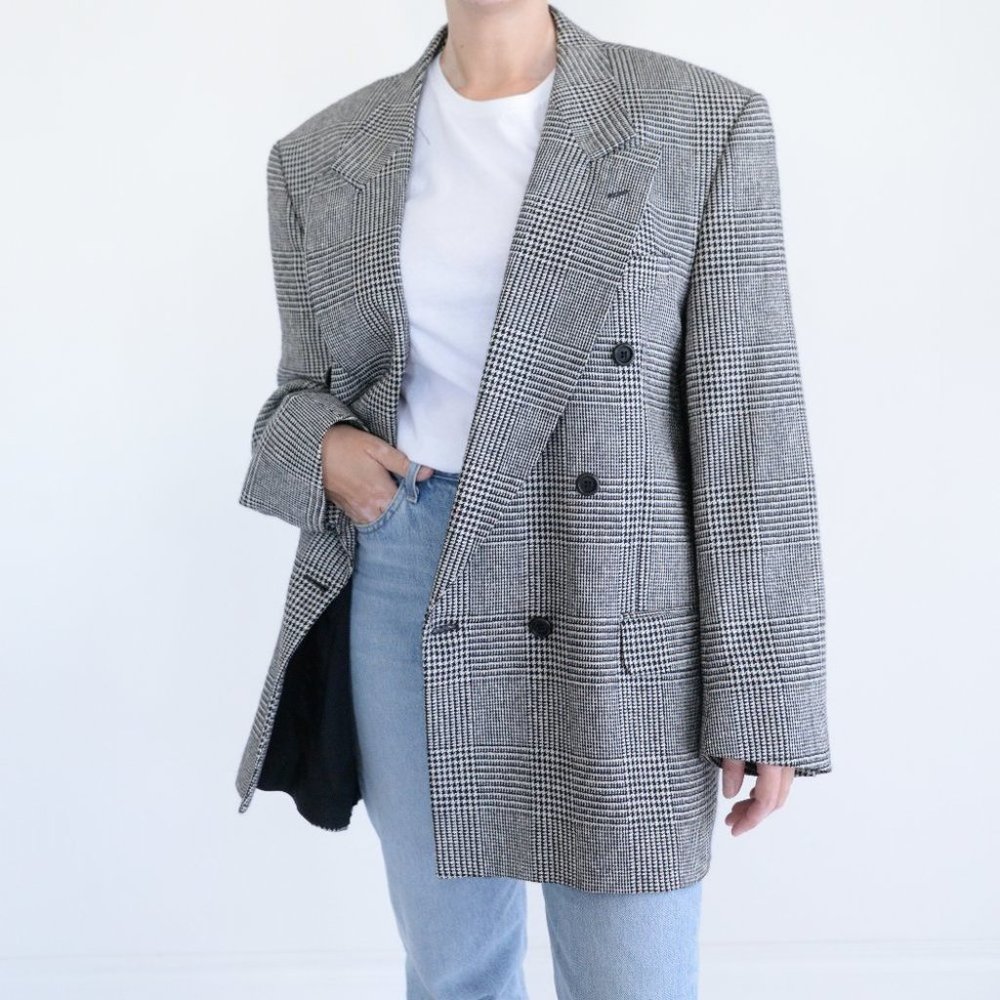 Vintage Tradizioni Grey & Black Double Breasted 52% Silk 48% Wool Blazer Size 42
